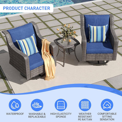 Patio Furniture Set 3 PCS, Outdoor Swivel Rocking Chairs with Side Table, High Back Outdoor Furniture Set with Comfy Cushions for Backyard, Garden, Lawn, Poolside