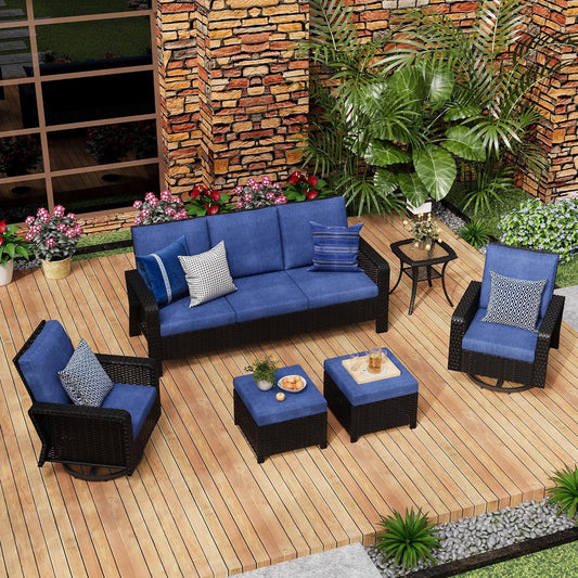 Sugold Signature 6 Pieces Outdoor Patio Furniture Set with Swivel Rocker Chairs, Wicker Sectional Conversation Sets with Comfortable Blue Cushions for Backyard, Porch