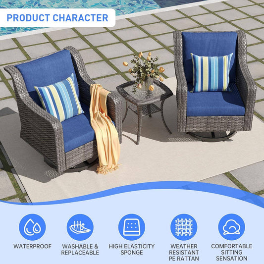 Patio Furniture Set 3 PCS, Outdoor Swivel Rocking Chairs with Side Table, High Back Outdoor Furniture Set with Comfy Cushions for Backyard, Garden, Lawn, Poolside