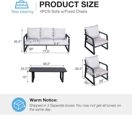 4 Pieces Outdoor Aluminum Furniture Set，Patio Conversation Sofa Modern Seating Set with Coffee Table(Silver Gray)