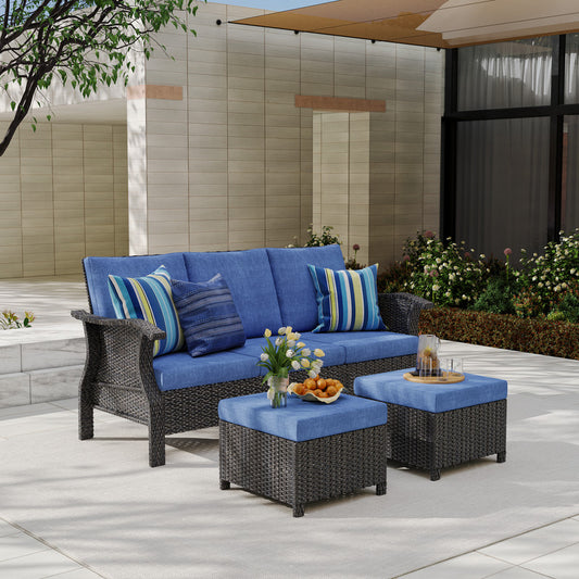 3-Piece Hand Woven Wicker Patio Seating Group with Blue Cushions