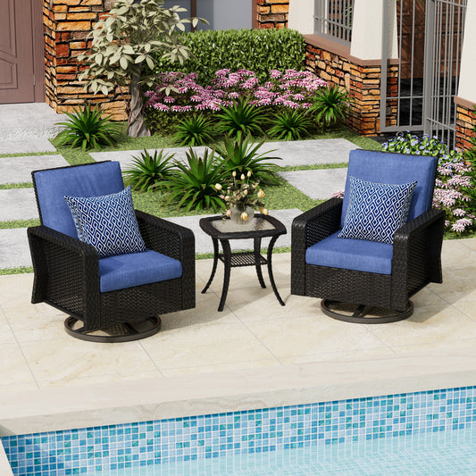 3-Piece Hand Woven Wicker Patio Seating Group with Blue Cushions