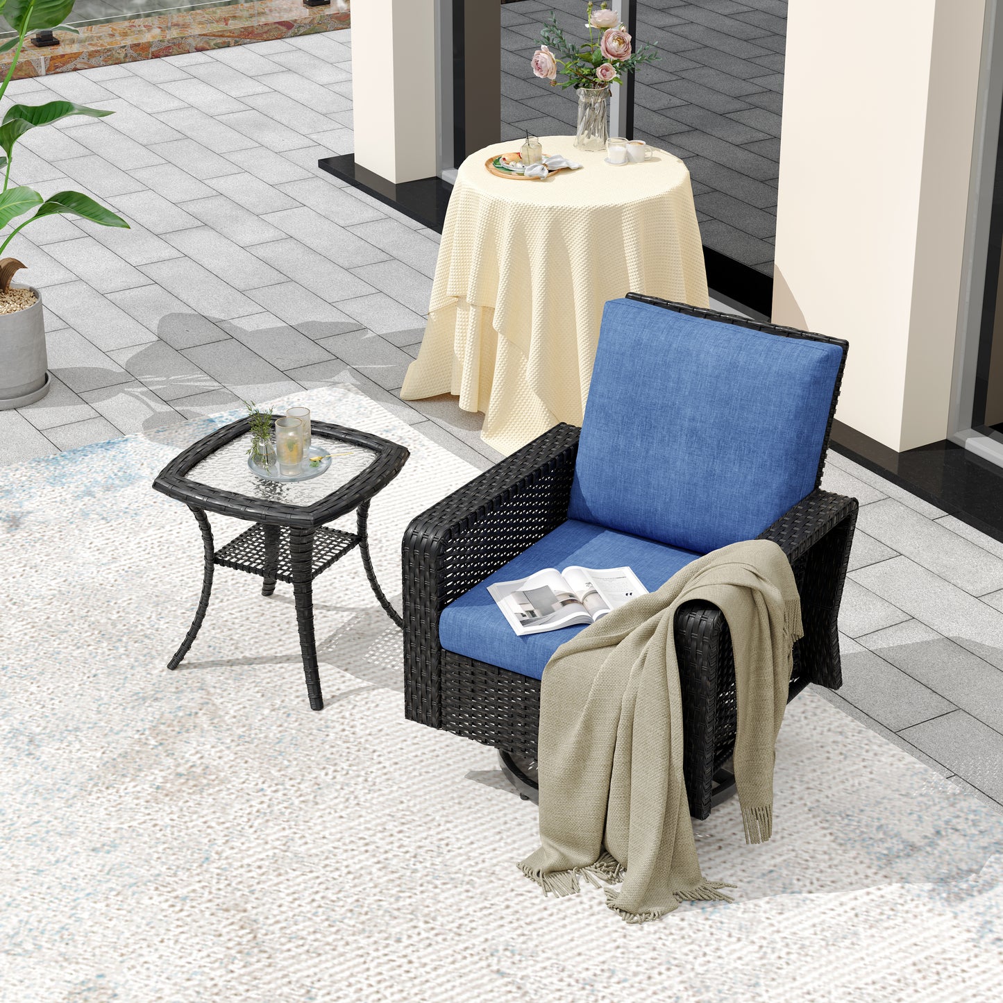 2 Pieces Patio Furniture Set,Outdoor Swivel Rocker Patio Chairs Set with Side Table,All Weather High Back Wicker Patio Conversation Sets for Outside Garden Poolside Backyard,Blue