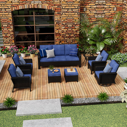 8-Piece Hand Woven Wicker Patio Conversation Set with Blue Cushions