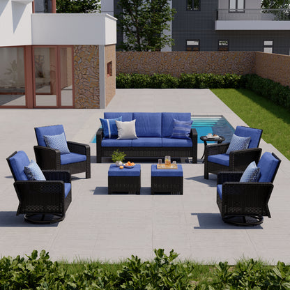 8-Piece Hand Woven Wicker Patio Conversation Set with Blue Cushions