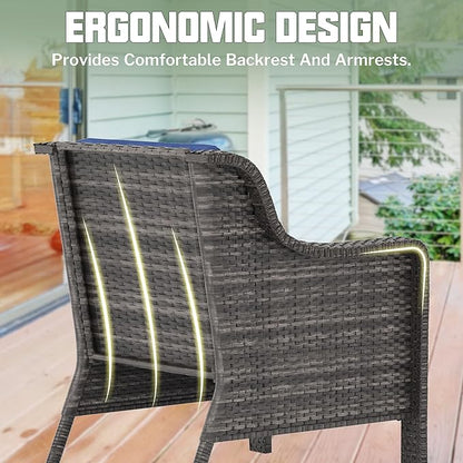 2 Pieces Patio Furniture Set,PE Rattan Wicker Chairs Outdoor with Cushions Conversation Patio Furniture Set for Garden,Backyard, Bistro (Navy Blue Cushion)