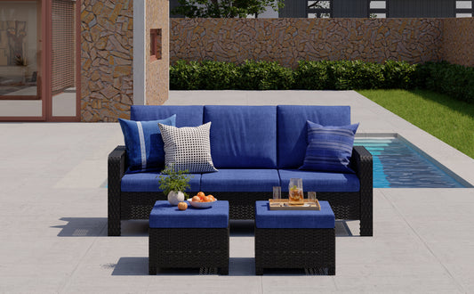 3-Piece Hand Woven Wicker Patio Seating Group with Blue Cushions
