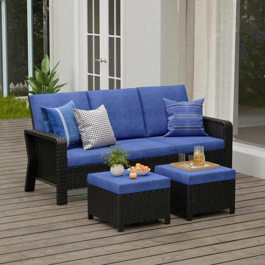 3-Piece Hand Woven Wicker Patio Seating Group with Blue Cushions