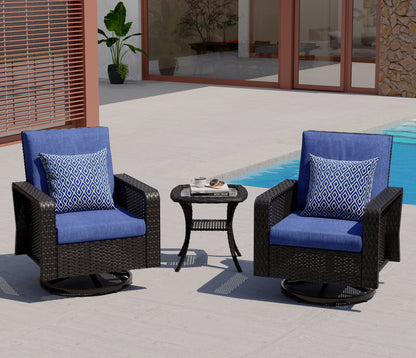 3-Piece Hand Woven Wicker Patio Seating Group with Blue Cushions