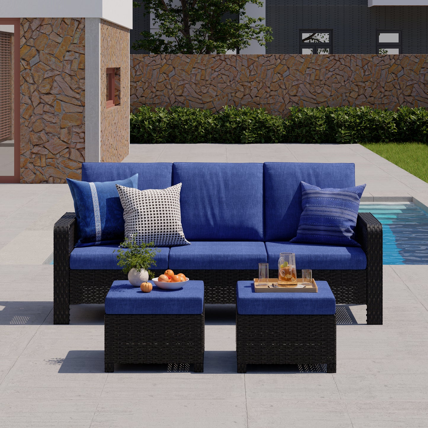 3-Piece Hand Woven Wicker Patio Seating Group with Blue Cushions